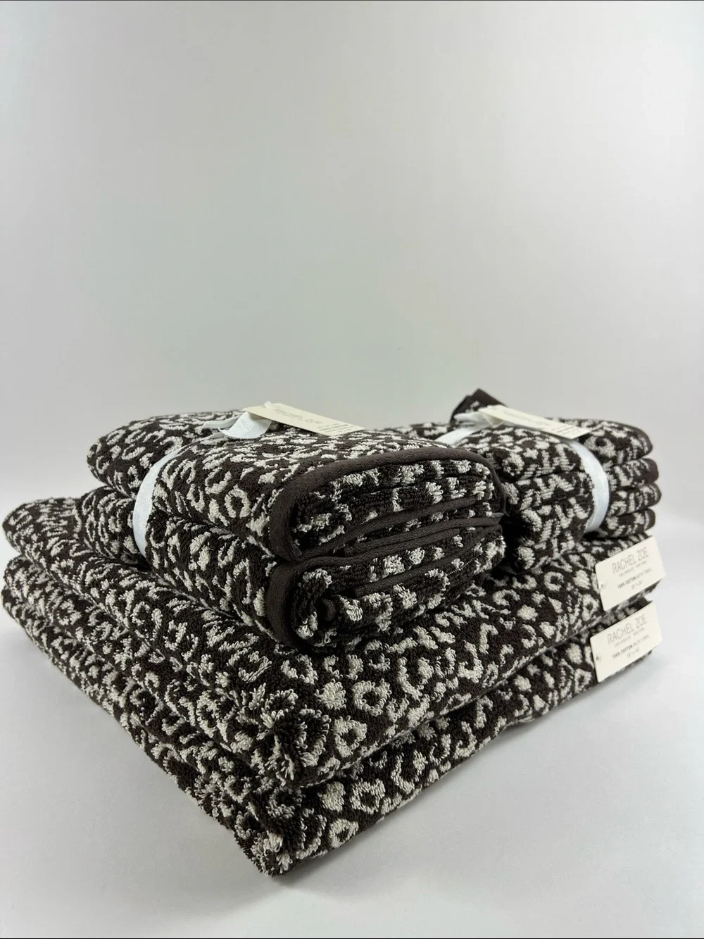 Rachel Zoe Bath Towels Leopard Print Dark Brown and Cream 100% Cotton 8 Pc NEW